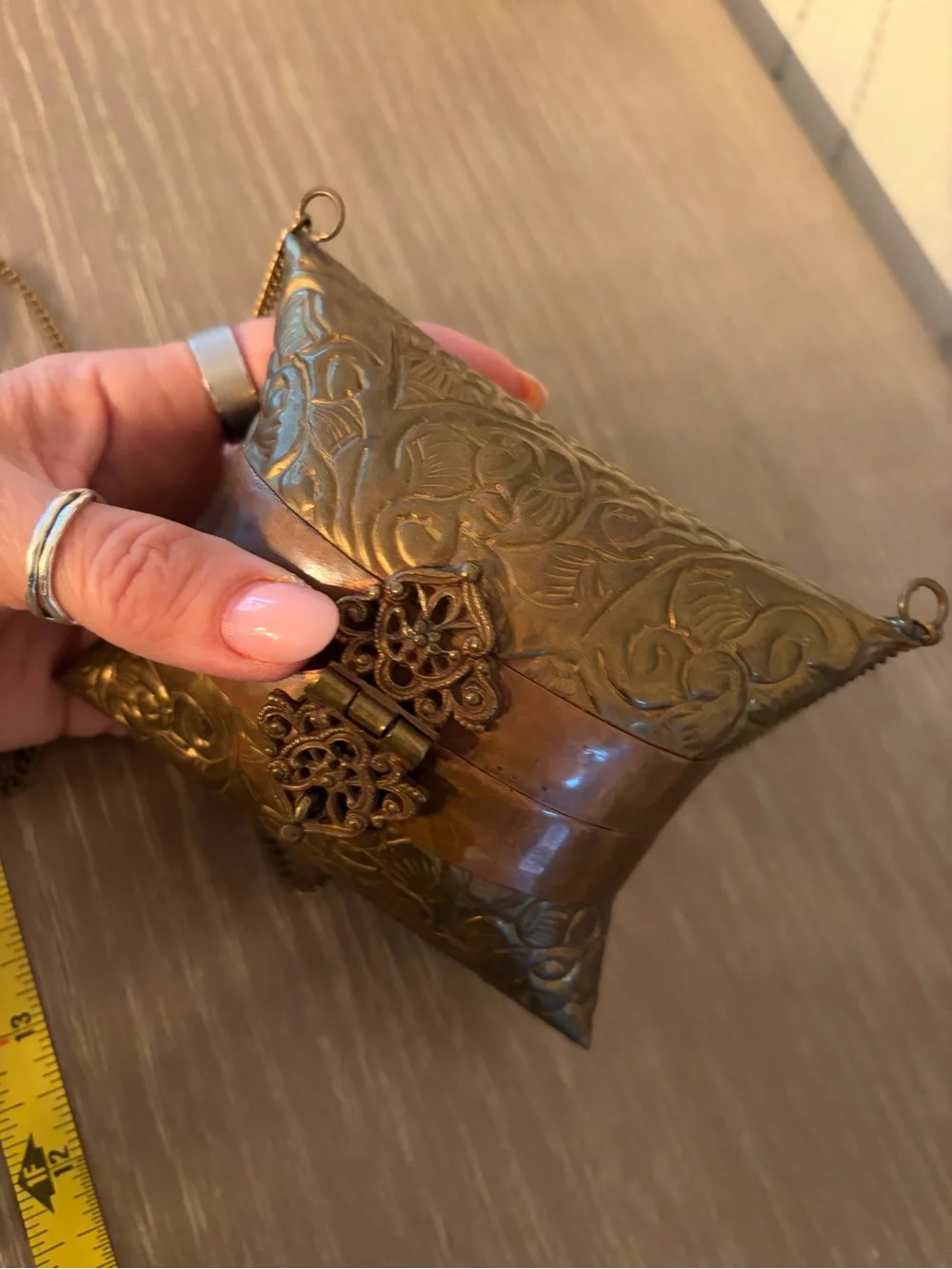Vintage 1930s Art Deco embossed brass & copper pillow purse